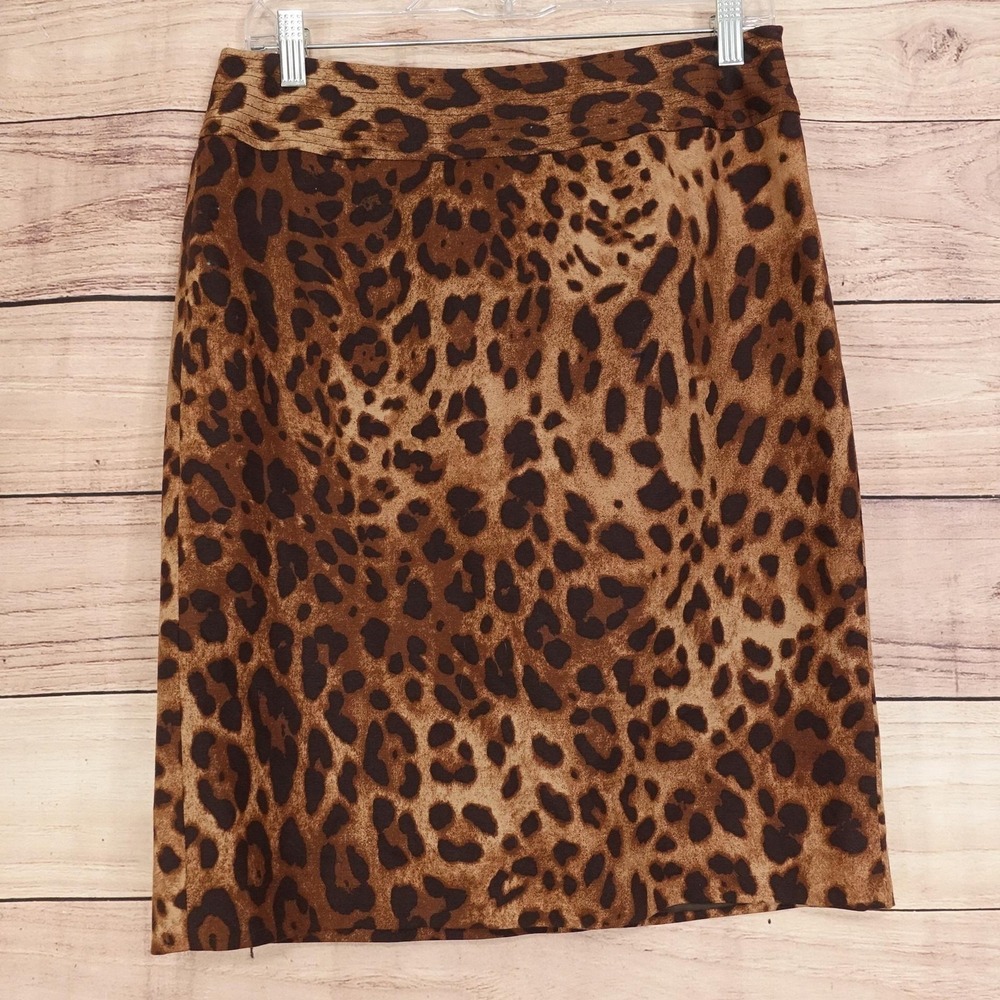 Rafaella Skirt Womens 10P Brown Leopard Pencil Knee Length Lined Stretch Zip